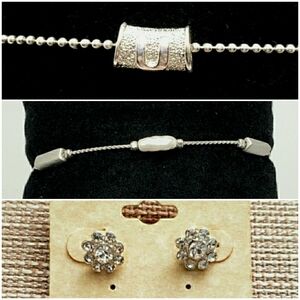 3 pc Lot 80s Vintage Silver Bracelet Barrel Charm Crystal Flower Earrings MXL5